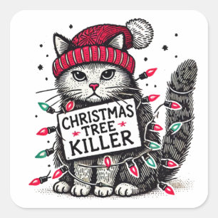 Sticker Carré chat tueur d'arbre de noël