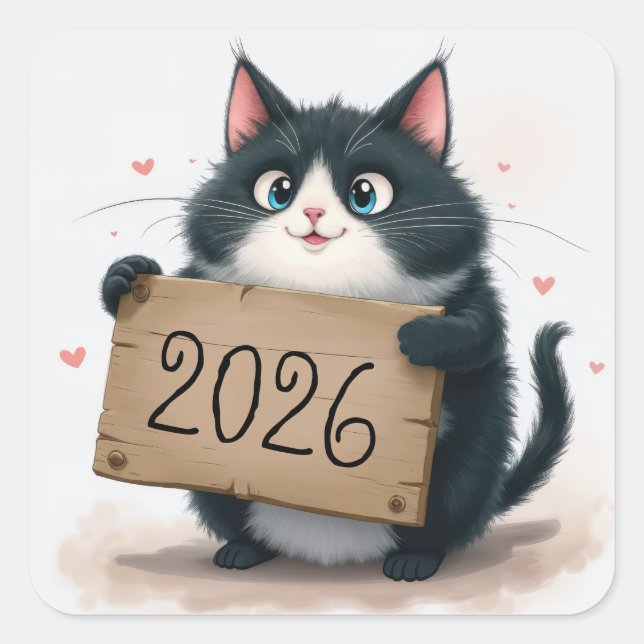 Sticker Carré Chat Tuxedo avec signe du Nouvel An 2026 (Devant)