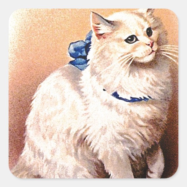 Sticker Carré Chat vintage avec Bleu Bow (Devant)