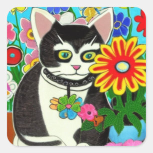 Sticker Carré Chat Whimsical avec Flower Folk Art