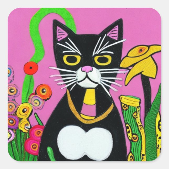 Sticker Carré Chat Whimsical Tuxedo avec Flower Folk Art (Devant)