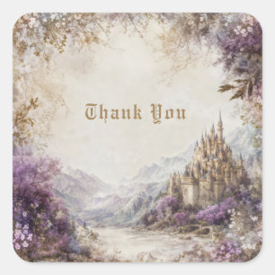 Sticker Carré Château de Conte de Fées Fleurs Violettes Montagne