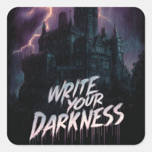 Sticker Carré Château gothique hanté sous orage avec texte