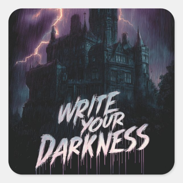 Sticker Carré Château gothique hanté sous orage avec texte (Devant)
