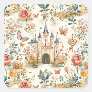 Sticker Carré Château Médiéval Vintage Fantaisie Florale Papillo