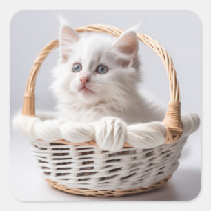 Sticker Carré Chaton blanc dans une panier
