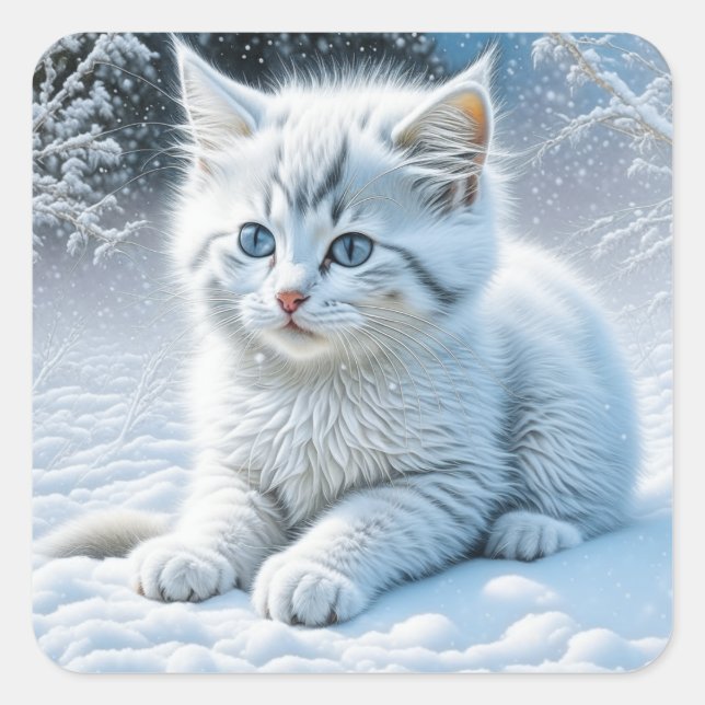 Sticker Carré Chaton blanc Fluffy personnalisé en neige (Devant)