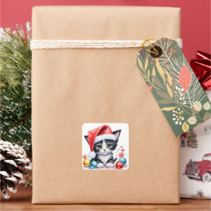 Sticker Carré Chaton Blanc Noir À Santa Hat Joyeux Noël