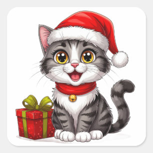 Sticker Carré Chaton de Noël adorable avec chapeau de Père Noël