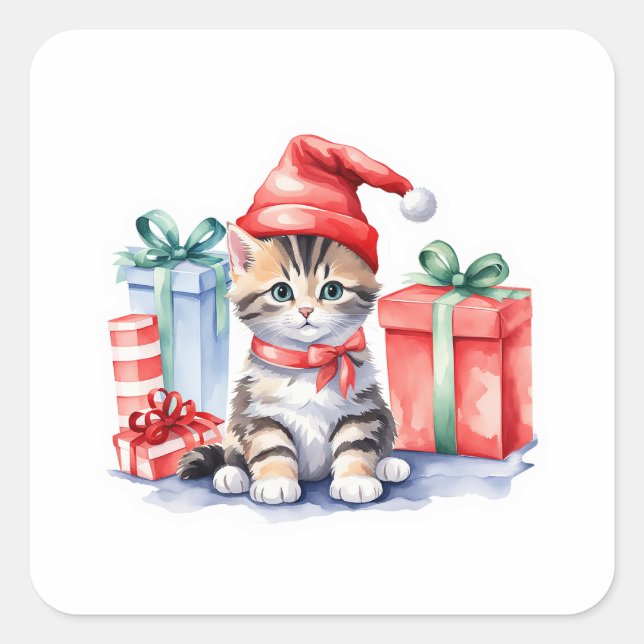 Sticker Carré 🎄 chaton de Noël mignon avec bâtonnet de cadeaux (Devant)