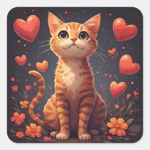Sticker Carré Chaton Mignon Avec des Cœurs Et des Fleurs Pour de