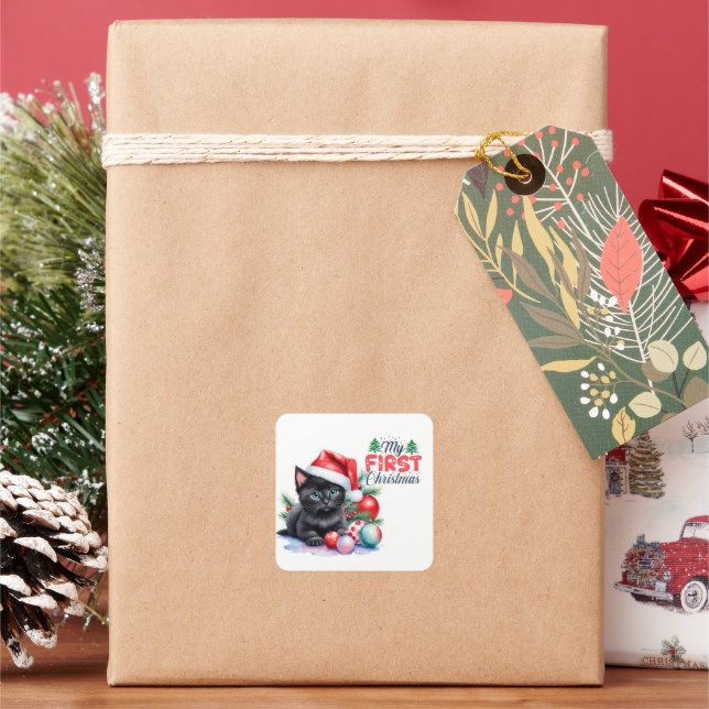 Sticker Carré Chaton Noir À Santa Hat Joyeux Noël (vacances)