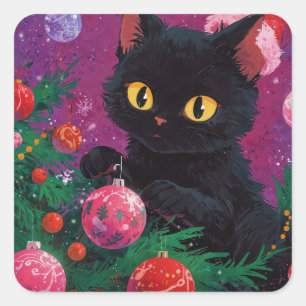 Sticker Carré Chaton noir mignon et sapin de Noël