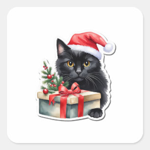 Sticker Carré Chaton Père Noël noir timide avec cadeau