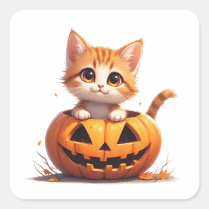 Sticker Carré Chaton Sourire Dans Un Champ De Citrouilles Hallow