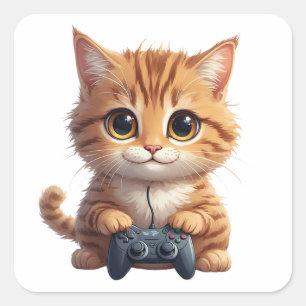 Sticker Carré Chaton tenant une manette de jeu Joueur de chat