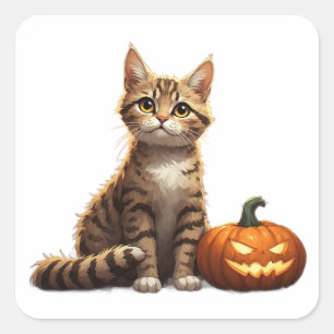 Sticker Carré Chaton Tigré Thème Halloween Automne 🎃