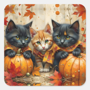 Sticker Carré Chatons d'automne Citrouilles et feuillage