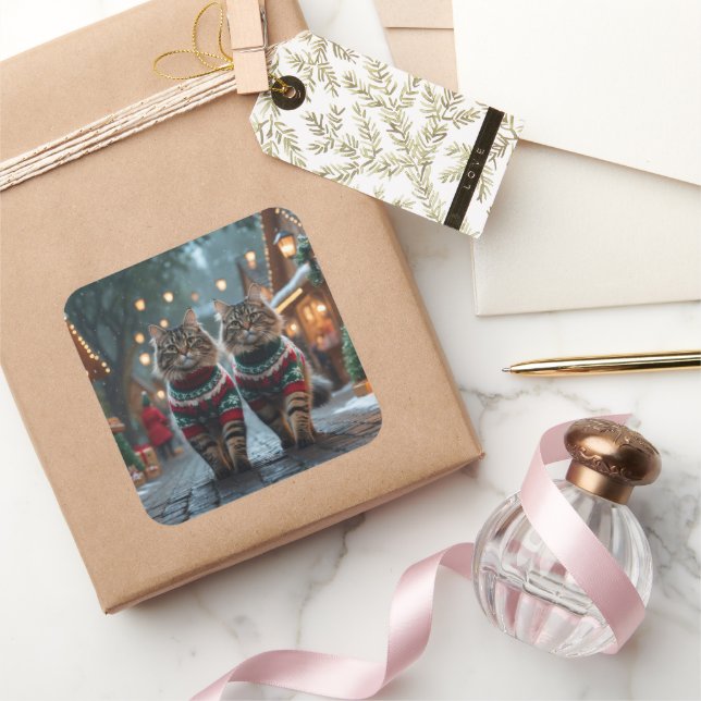 Sticker Carré Chats Angora Turcs Noël Neige Fêtes (Cadeaux)