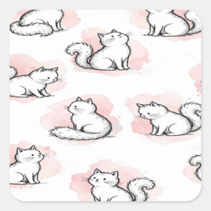 Sticker Carré Chats Blancs Mignons Motif Aquarelle Rose Chat Kaw