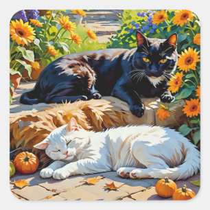 Sticker Carré Chats d'automne et scène de jardin Citrouille