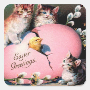 Sticker Carré Chats de Pâques vintages Chick et OEuf de Pâques