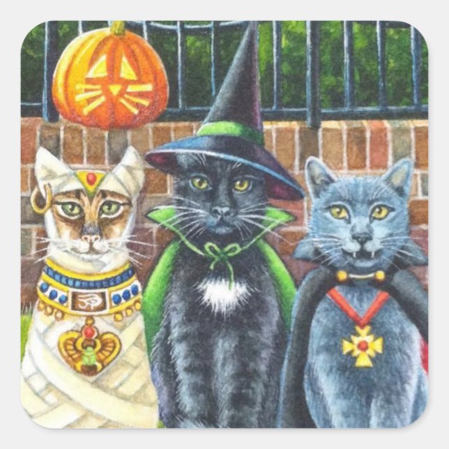 Sticker Carré Chats d'Halloween en costume Aquarelle Art (Devant)