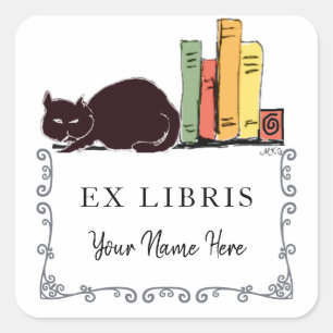 Sticker Carré Chats et Livres Bibliothèque à la Maison Bibliophi