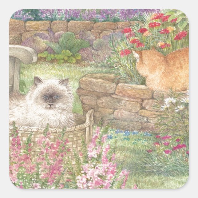 Sticker Carré chats illustrés dans le jardin (Devant)