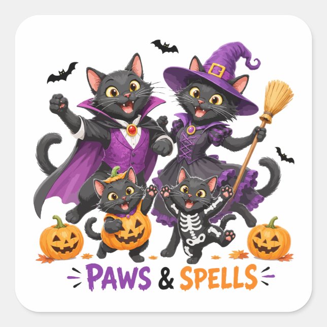Sticker Carré Chats mignons d'Halloween Pattes et Sortilèges (Devant)