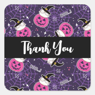 Sticker Carré Chats mignons et Citrouille Halloween Merci Motif