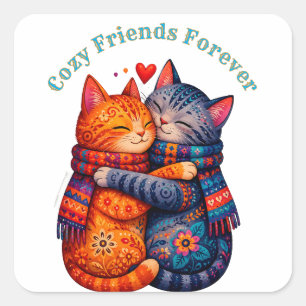 Sticker Carré Chats Mignons Portant des Écharpes Amis Confortabl