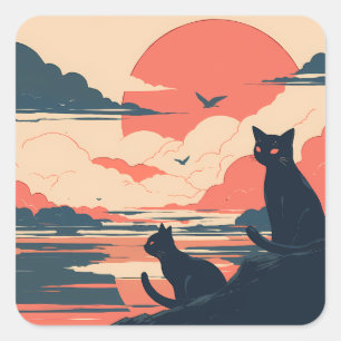 Sticker Carré Chats noirs Anime au coucher du soleil - Style jap