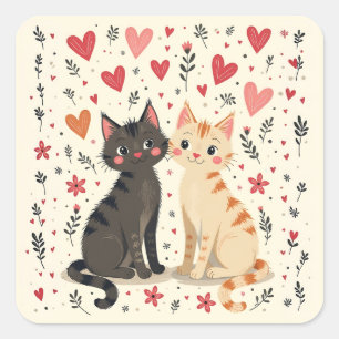 Sticker Carré Chats Rétro de la Saint-Valentin Mignons