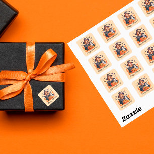 Sticker Carré Chats sorciers chauves-souris et Halloween Citroui