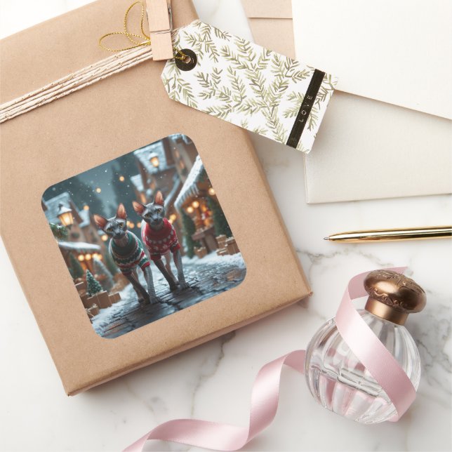 Sticker Carré Chats Sphynx Noël Neige Fêtes (Cadeaux)