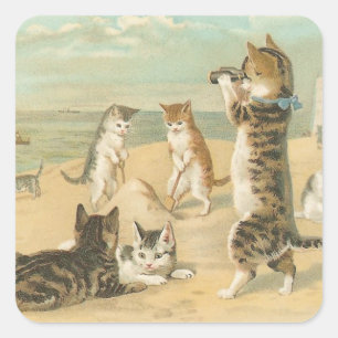 Sticker Carré "Chats sur la plage" Vintage