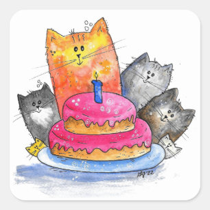Sticker Carré Chats Whimsical avec gâteau d'anniversaire