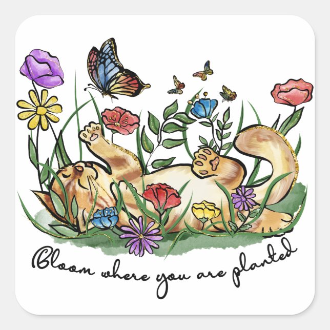Sticker Carré Chatte de chat jouant jardin fleurs papillon fleur (Devant)