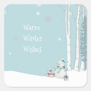Sticker Carré Chaud hiver Warm Snowman avec neige Turquoise