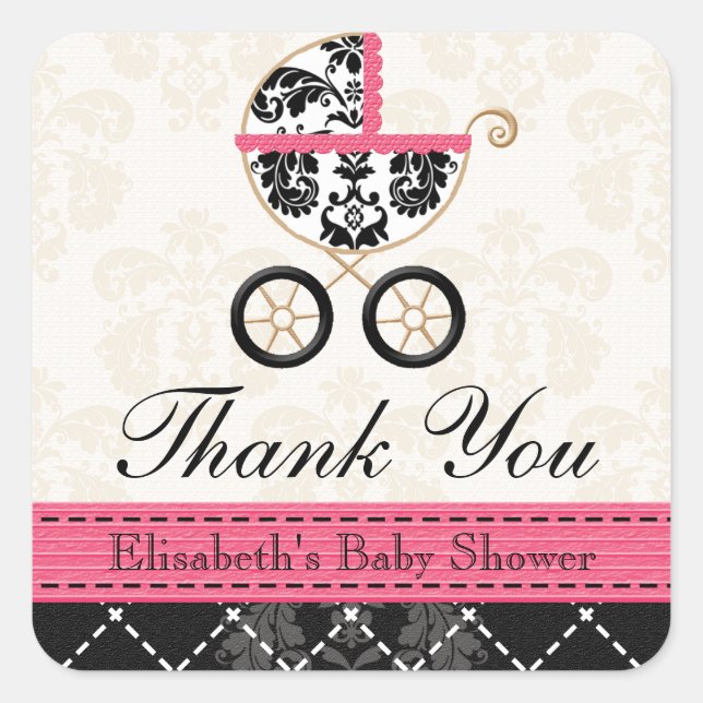 Sticker Carré CHAUD ROSE et noir Damas bébé transport Merci (Devant)