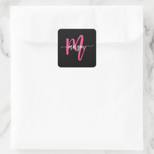 Sticker Carré Chaud rose noir moderne Script Girl Monogramme Nom