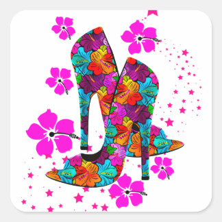Sticker Carré Chaussures haute talon été Fleurs roses chaudes
