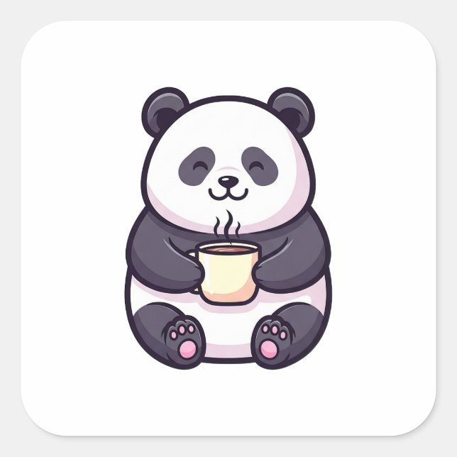Sticker Carré Cheerful Panda with Tea – Cute Whimsical Illustrat (Devant)