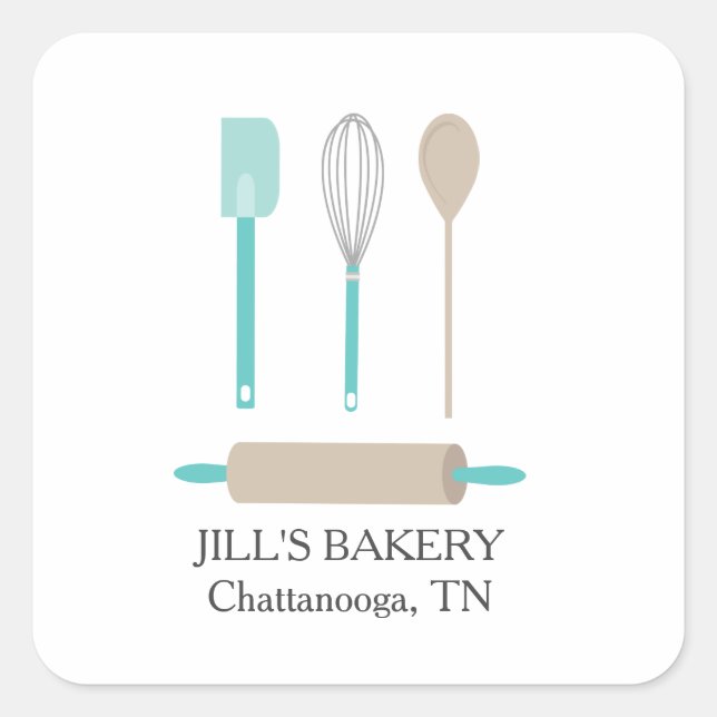 Sticker Carré Chef boulangerie Outils de cuisine Turquoises Comm (Devant)