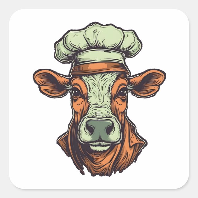 Sticker Carré Chef Vache Cool Ferme Animaux Cuisine Chef (Devant)