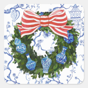 Sticker Carré Chemise de Noël bleu et blanc de la Chinoiserie