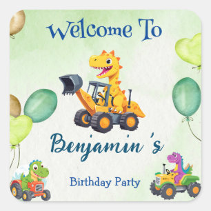 Sticker Carré Cher Dinosaure tracteur creuser ballon camion Anni