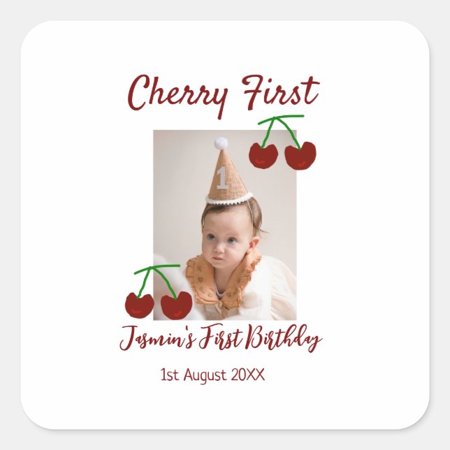 Sticker Carré Chercher premier heureux anniversaire photo enfant (Devant)