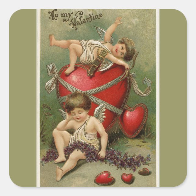 Sticker Carré Cherubs vintages et Coeurs de Saint Valentin Vert (Devant)